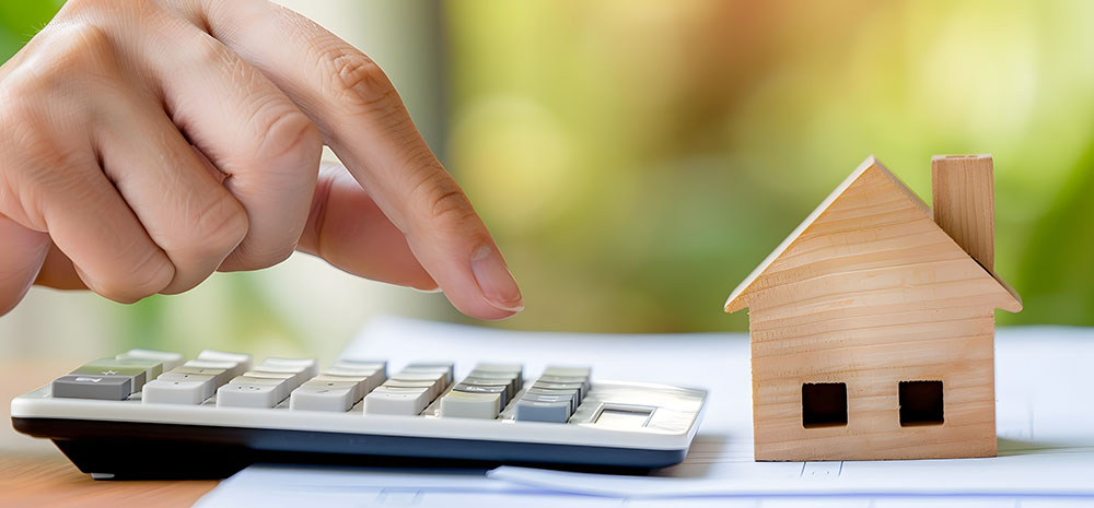 A hand using a calculator with a house in the picture