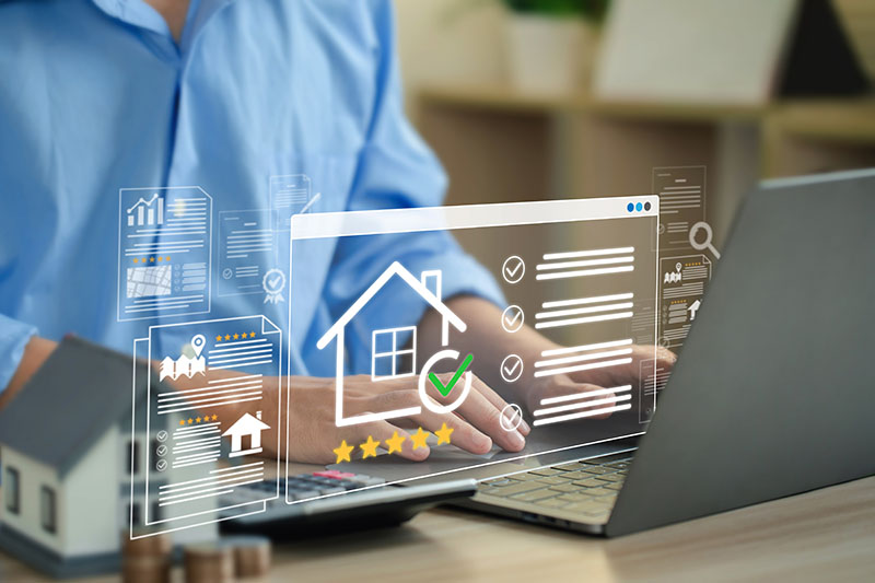 A prospective homebuyer researches properties at their laptop, immersed in a digital ecosystem of property listings, market data, checklists, reviews, and location maps displayed as floating interface elements. A small house model sits nearby alongside coins, representing the financial planning and dream of homeownership. The scene captures the modern buyer navigating complex information&mdash;pricing trends, property comparisons, inspection checklists, and neighborhood insights&mdash;to make informed decisions in today's competitive market.