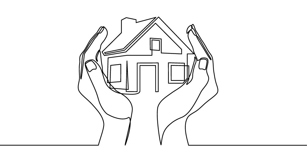 Line drawing of hands lovingly holding a home