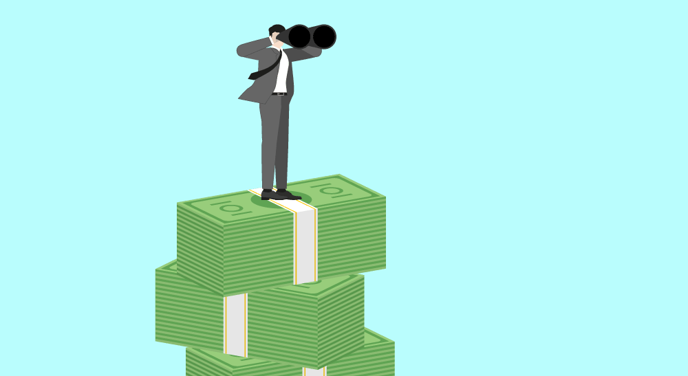 An illustration of a man in a suit, looking out with binoculars while standing on a stack of money