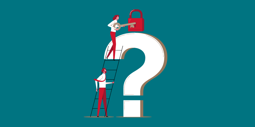 Illustration of two people working together to unlock answers