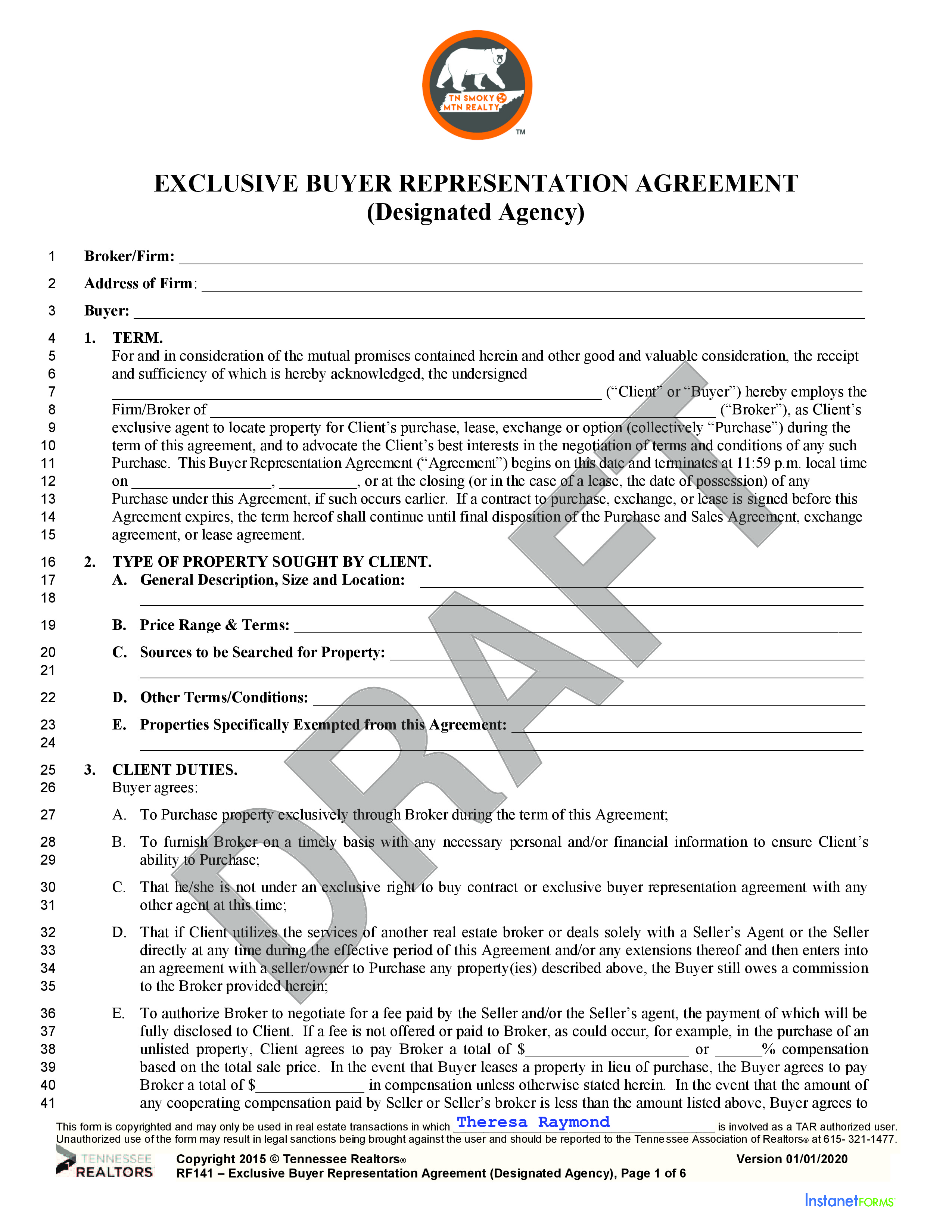 Buyers Agency Agreement pg 1