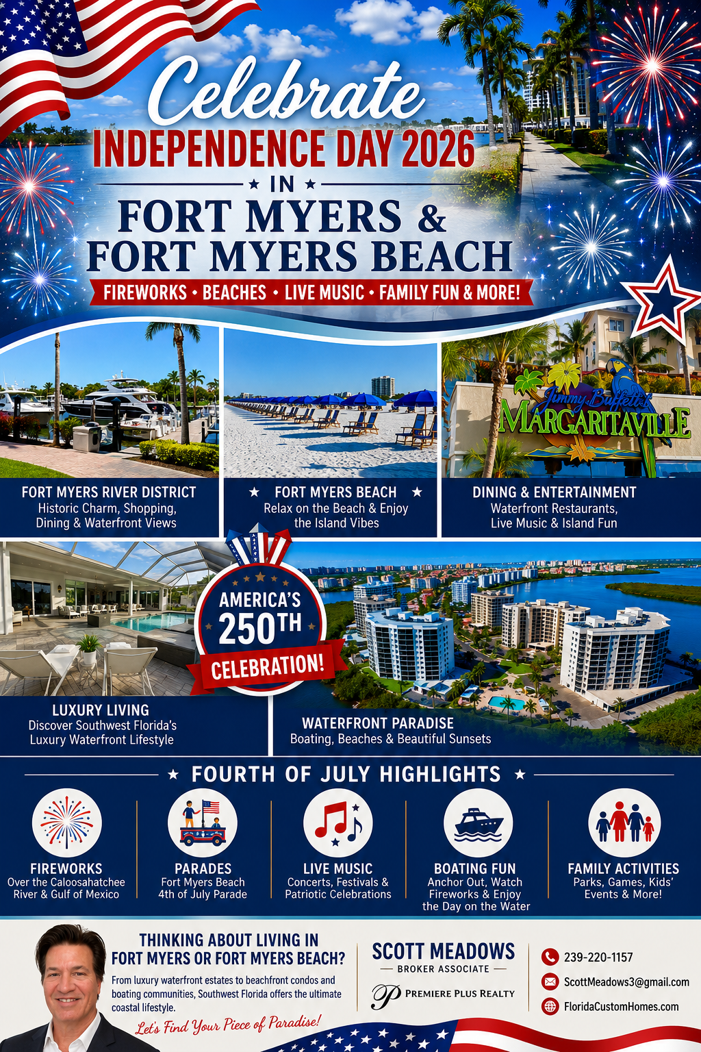 Celebrate the 2026 Fourth of July in Fort Myers and Fort Myers Beach, Florida with our complete guide to Independence Day events, River District festivities, America 250 celebrations, beach parades, Gulf and river fireworks, live music, waterfront dining, boating, beaches, and family-friendly activities.