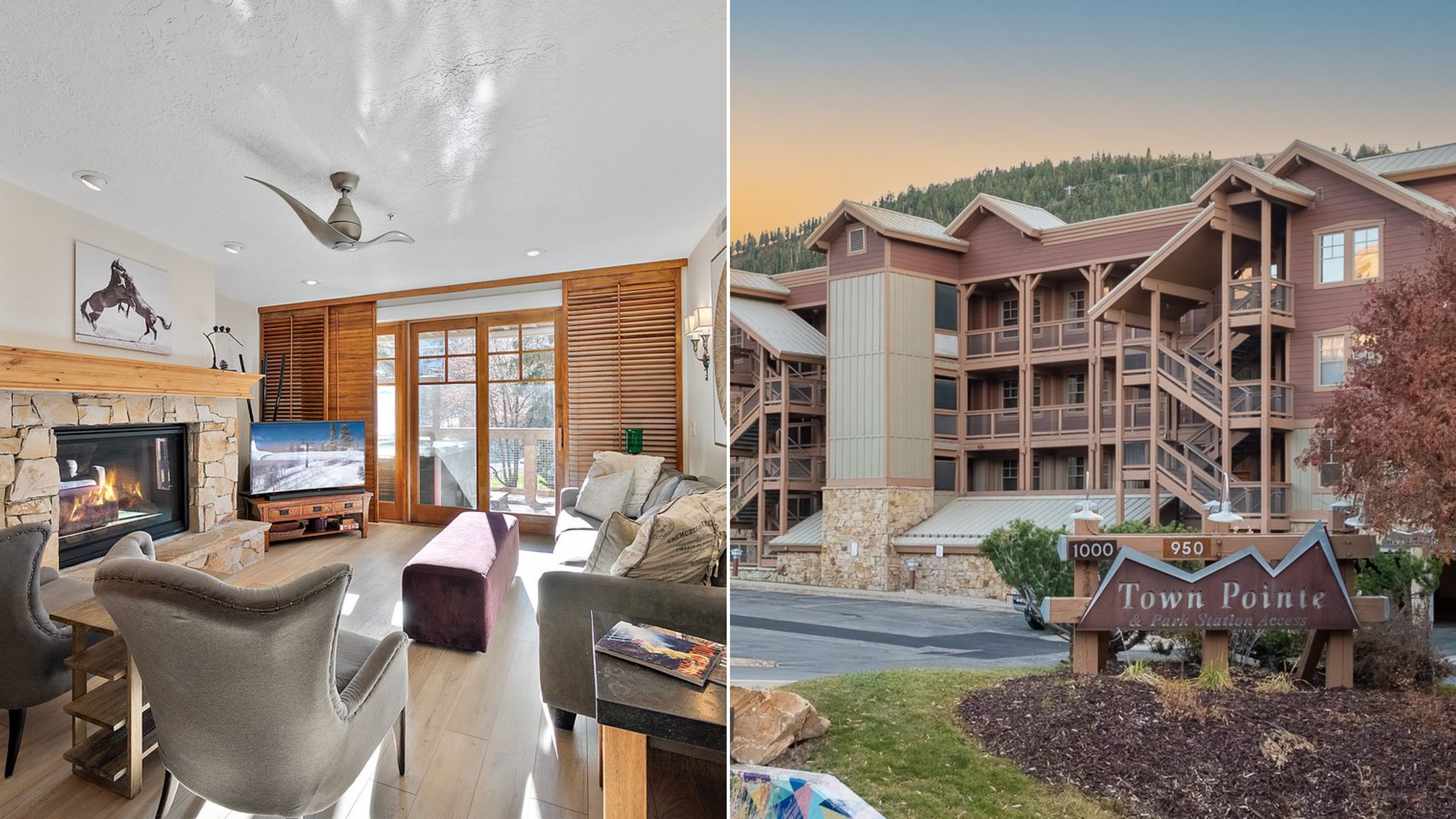 Bright living room with stone fireplace and large windows at 1000 Park Ave #B102 in Park City.