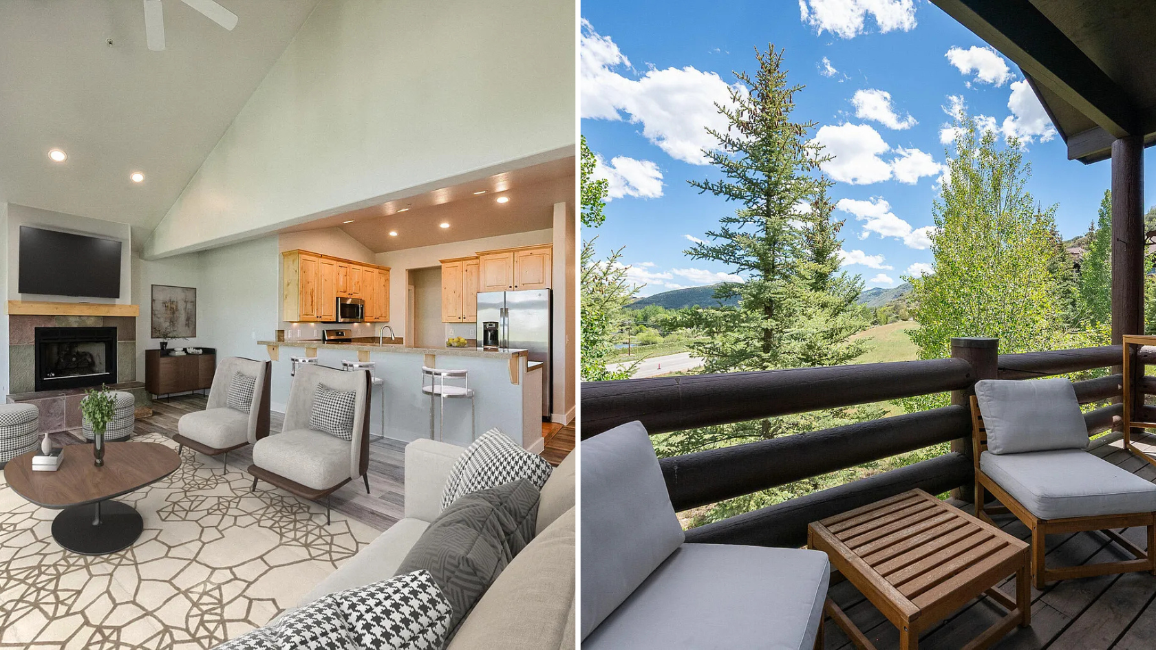 Open-concept living room and private balcony at 5135 Cove Canyon Dr Apt 204 in Park City, Utah with mountain views and natural light throughout the home.