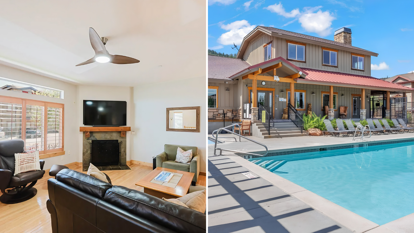 Interior living room with stone fireplace, hardwood floors, and large windows at 5545 Lillehammer Lane Park City, alongside the Bear Hollow community pool and clubhouse on a sunny day
