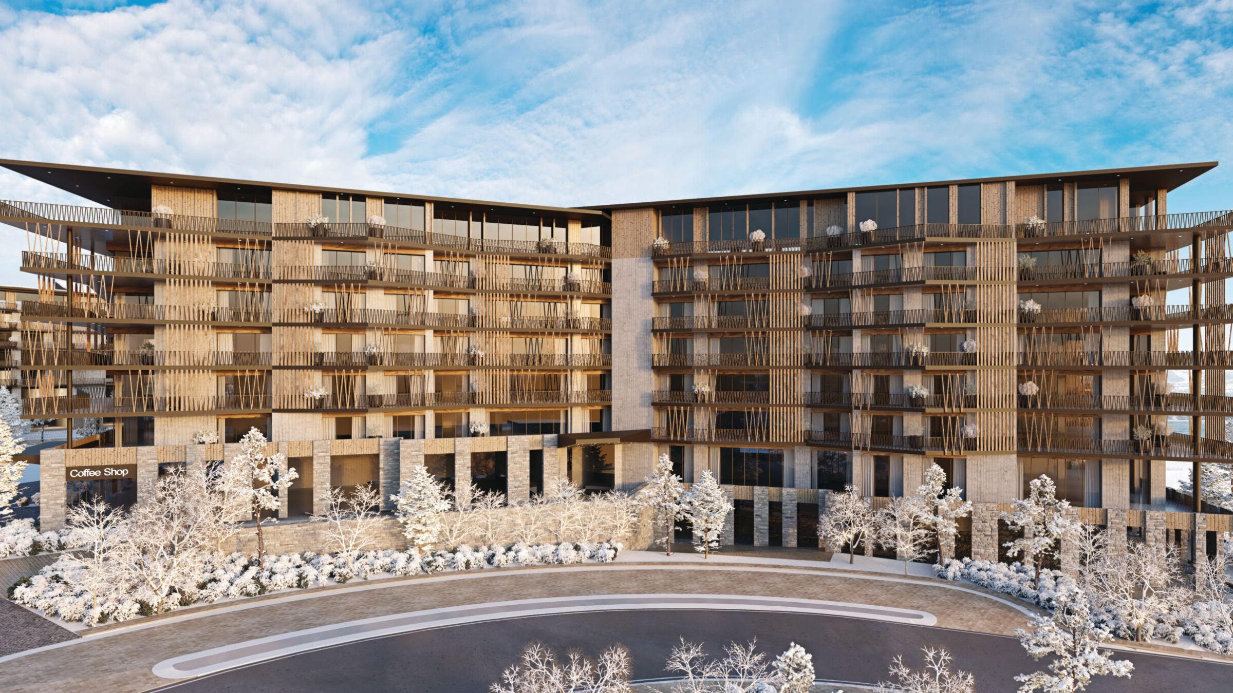 Modern exterior of Cormont Residences at Deer Valley® East Village featuring luxury condos with balconies, wood accents, and winter landscaping in Park City, Utah.