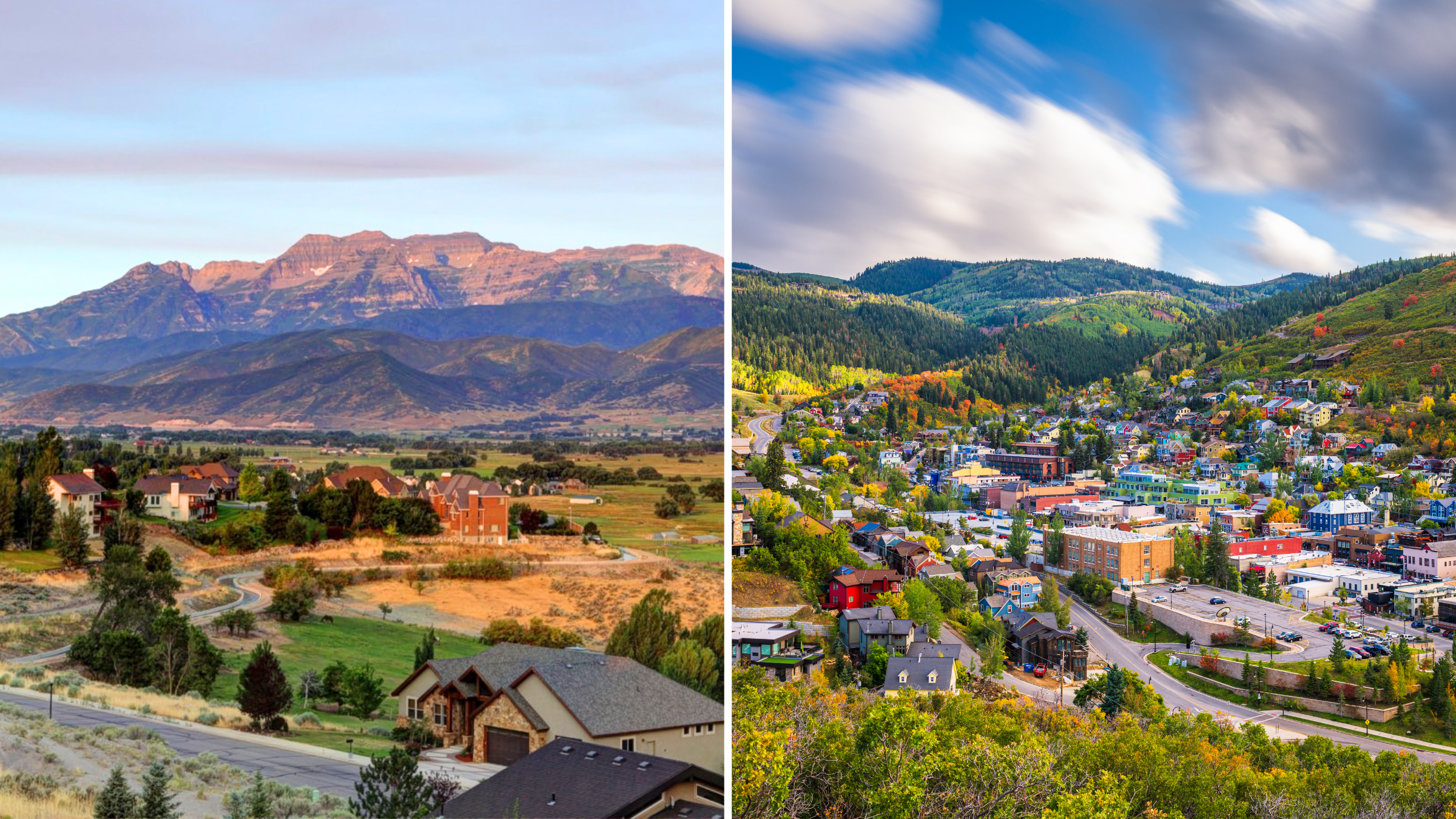 Scenic comparison of Heber City and Park City Utah homes and landscapes, representing the cost of living in Heber vs Park City.