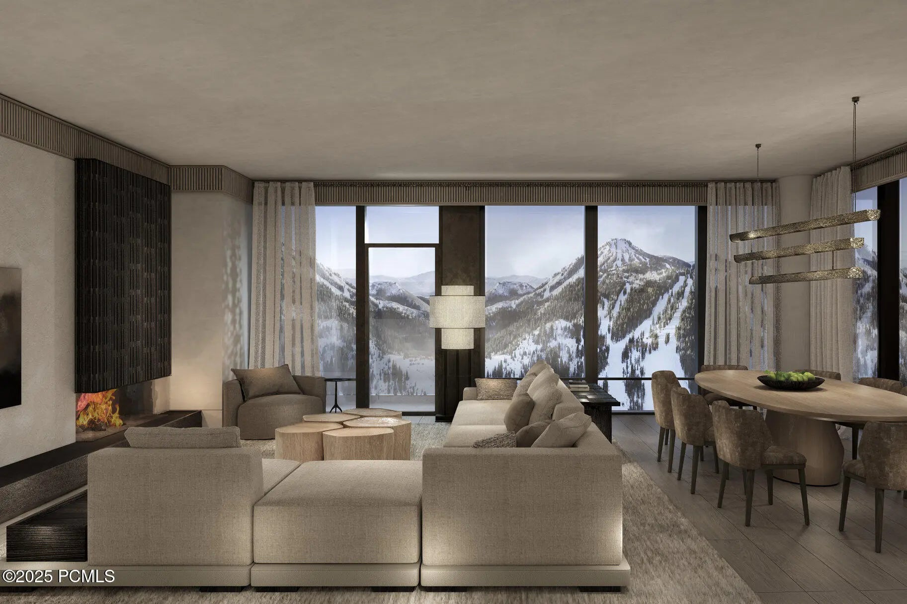 Elegant living and dining area inside Four Seasons Private Residences Deer Valley with panoramic mountain views, modern furnishings, and floor-to-ceiling windows.