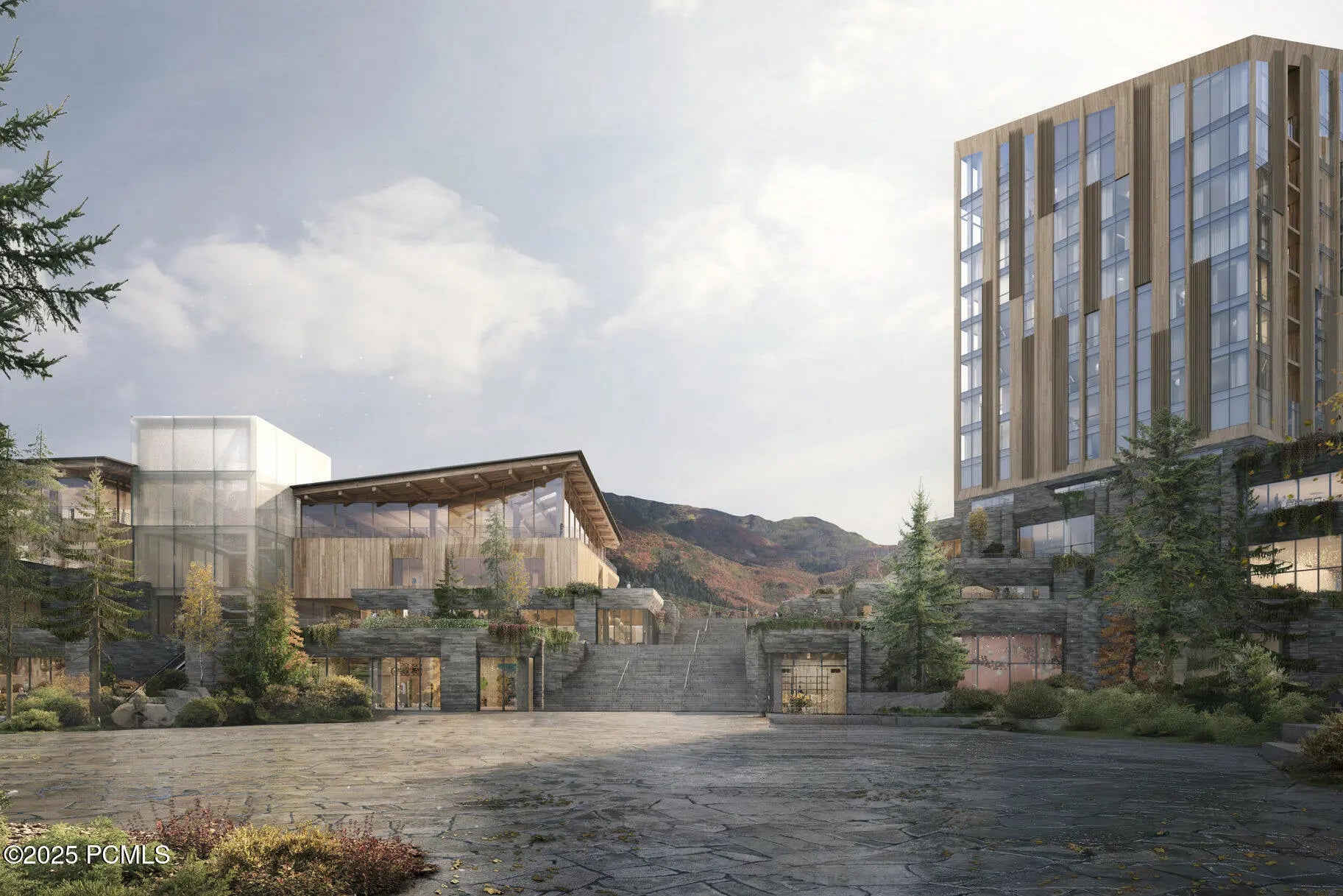 Exterior rendering of Four Seasons Private Residences Deer Valley showcasing modern architecture, glass accents, and surrounding mountain scenery at East Village Park City.