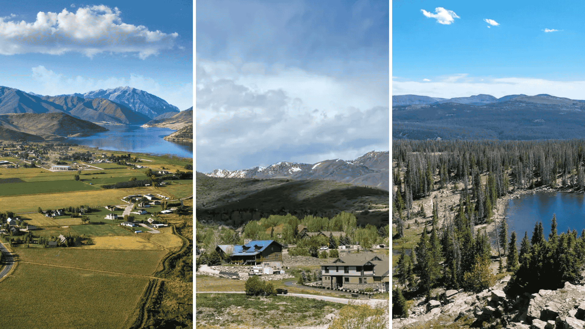 Scenic view of the Wasatch Mountains with green fields and small-town homes, representing Heber, Midway, and Kamas real estate trends for buyers seeking mountain living and community charm.
