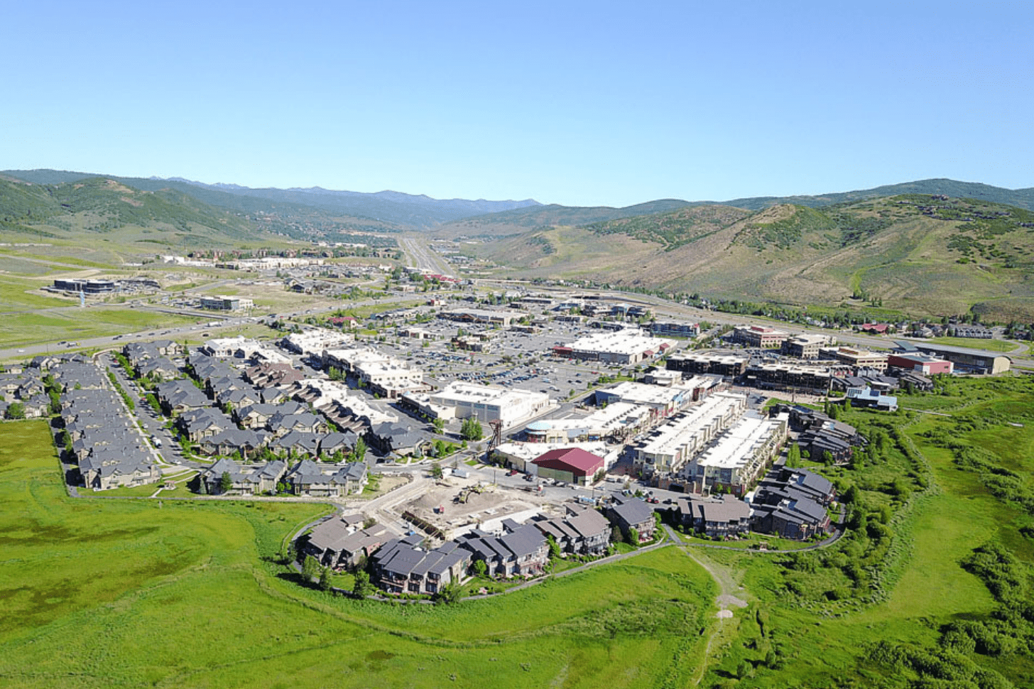 View of Newpark Town Center in Kimball Junction, Park City, highlighting shopping, dining, and entertainment venues.