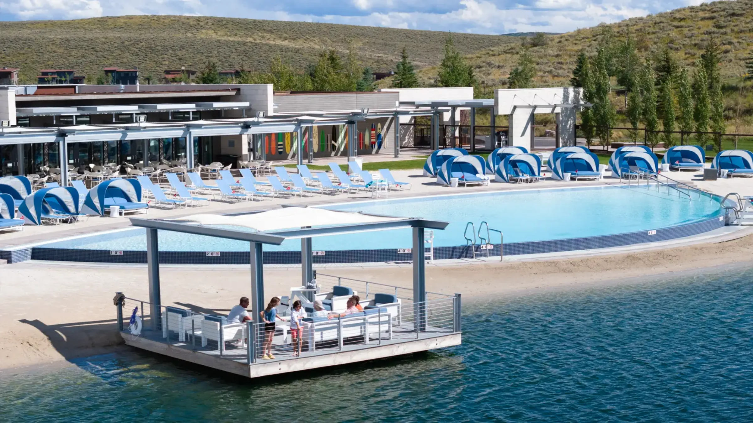 Luxury poolside amenities and lakeside lounge at a private clubhouse in one of the premier Park City gated communities.