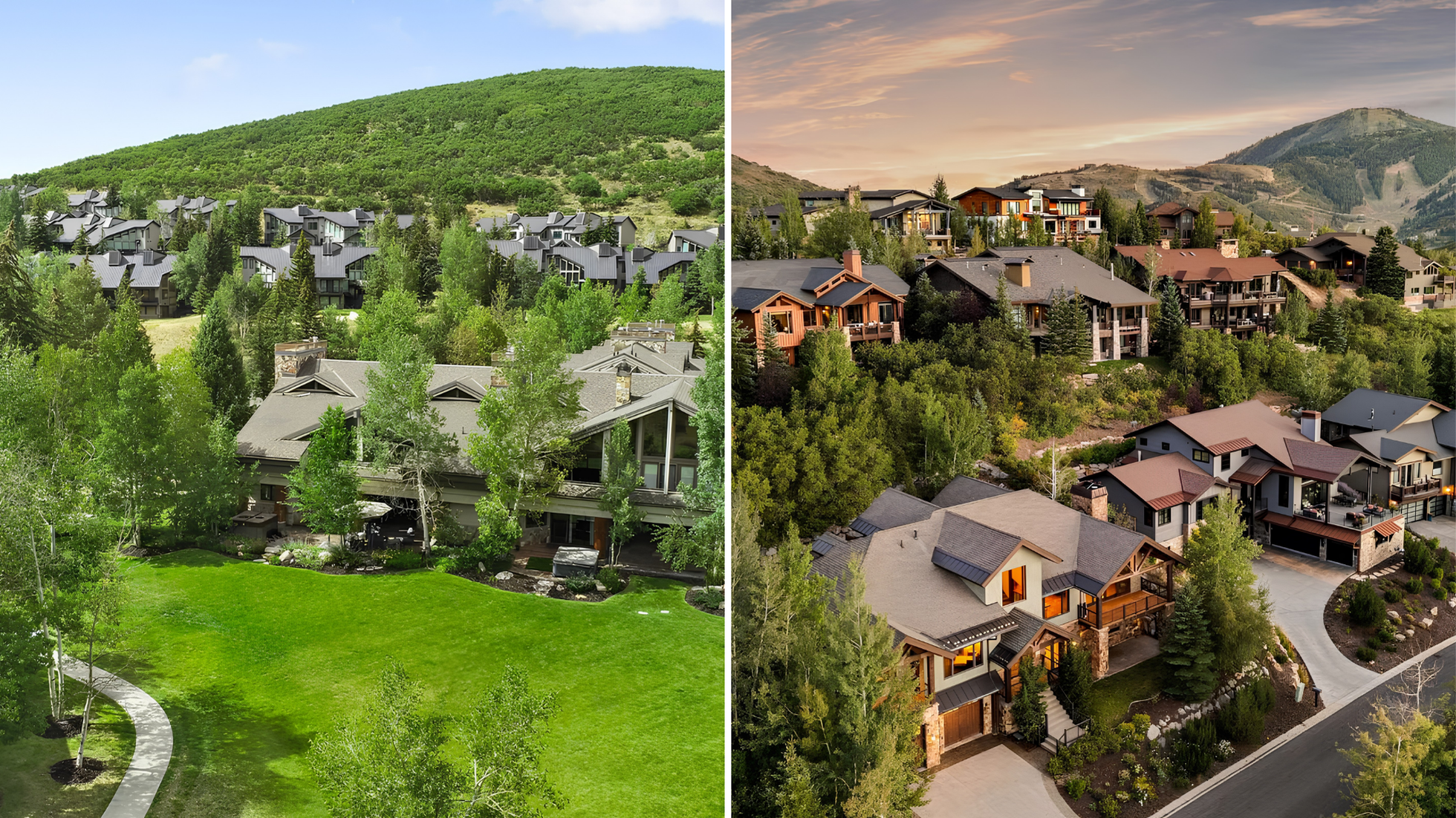 Aerial view comparing Deer Valley and Park City Mountain neighborhoods with luxury homes, ski resorts, and scenic mountain landscapes in Park City, Utah.