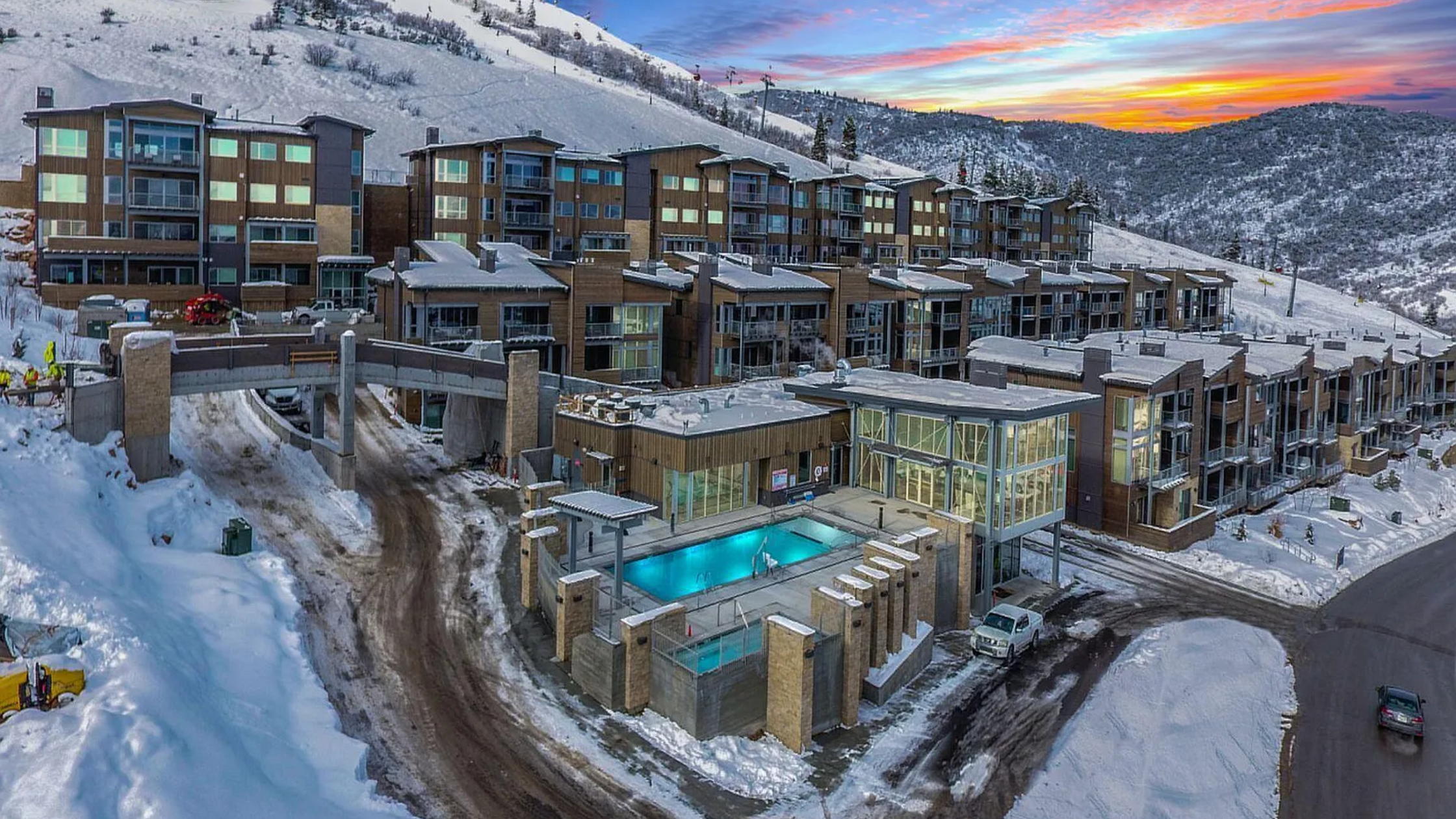 Park City condos with mountain views and modern buildings near ski resorts