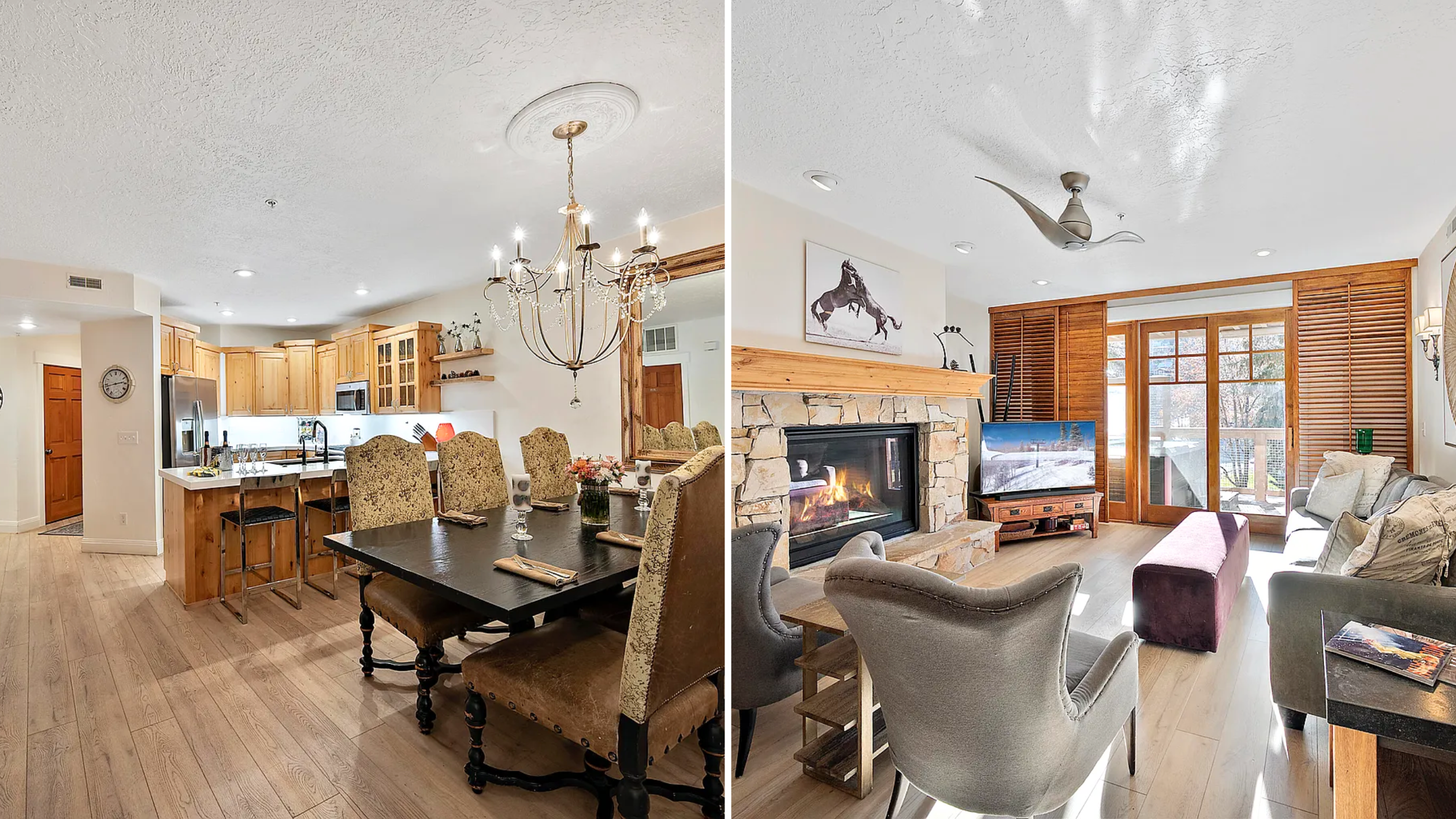 Open-concept living and dining area in a Park City condo near Main Street with modern kitchen and wood flooring