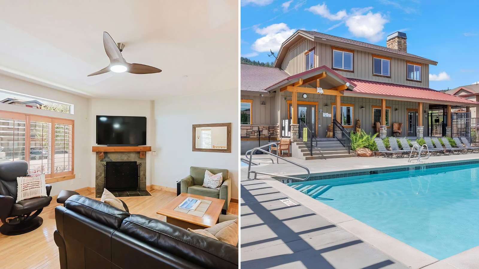 Interior living room with stone fireplace, hardwood floors, and large windows at 5545 Lillehammer Lane Park City, alongside the Bear Hollow community pool and clubhouse on a sunny day