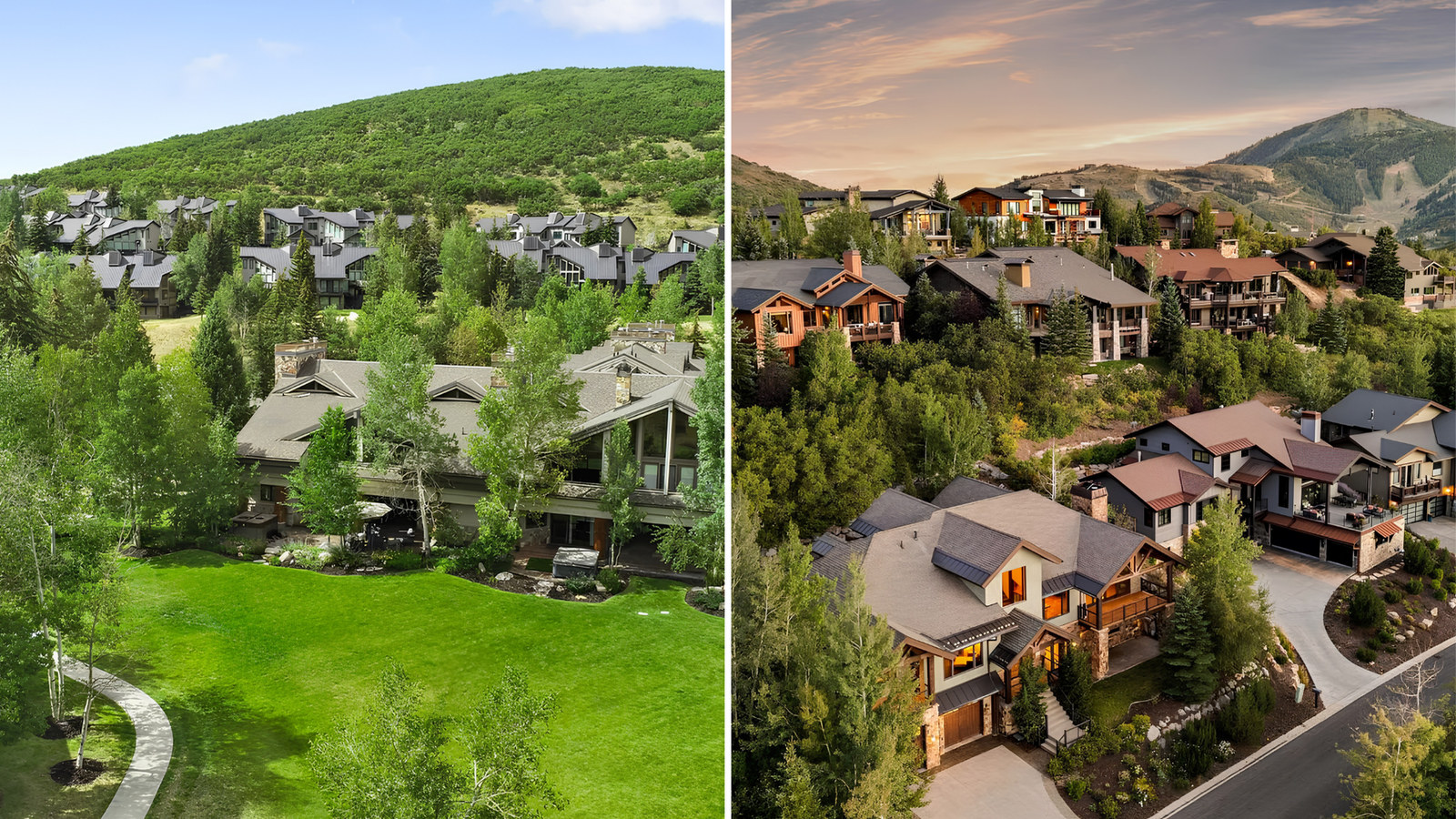 Aerial view comparing Deer Valley and Park City Mountain neighborhoods with luxury homes, ski resorts, and scenic mountain landscapes in Park City, Utah.