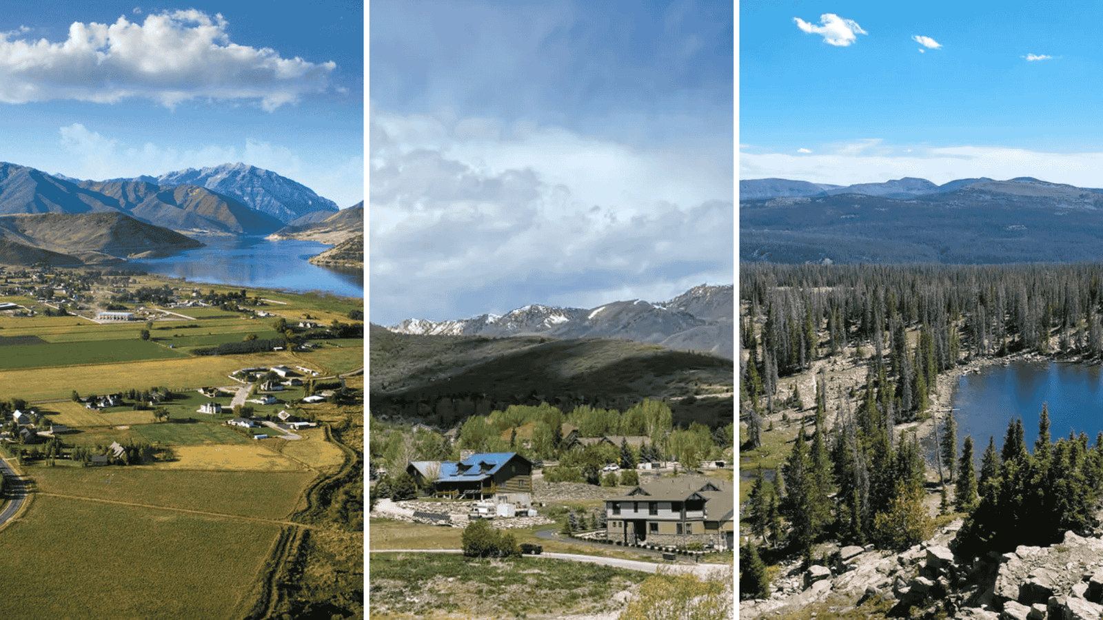 Scenic view of the Wasatch Mountains with green fields and small-town homes, representing Heber, Midway, and Kamas real estate trends for buyers seeking mountain living and community charm.