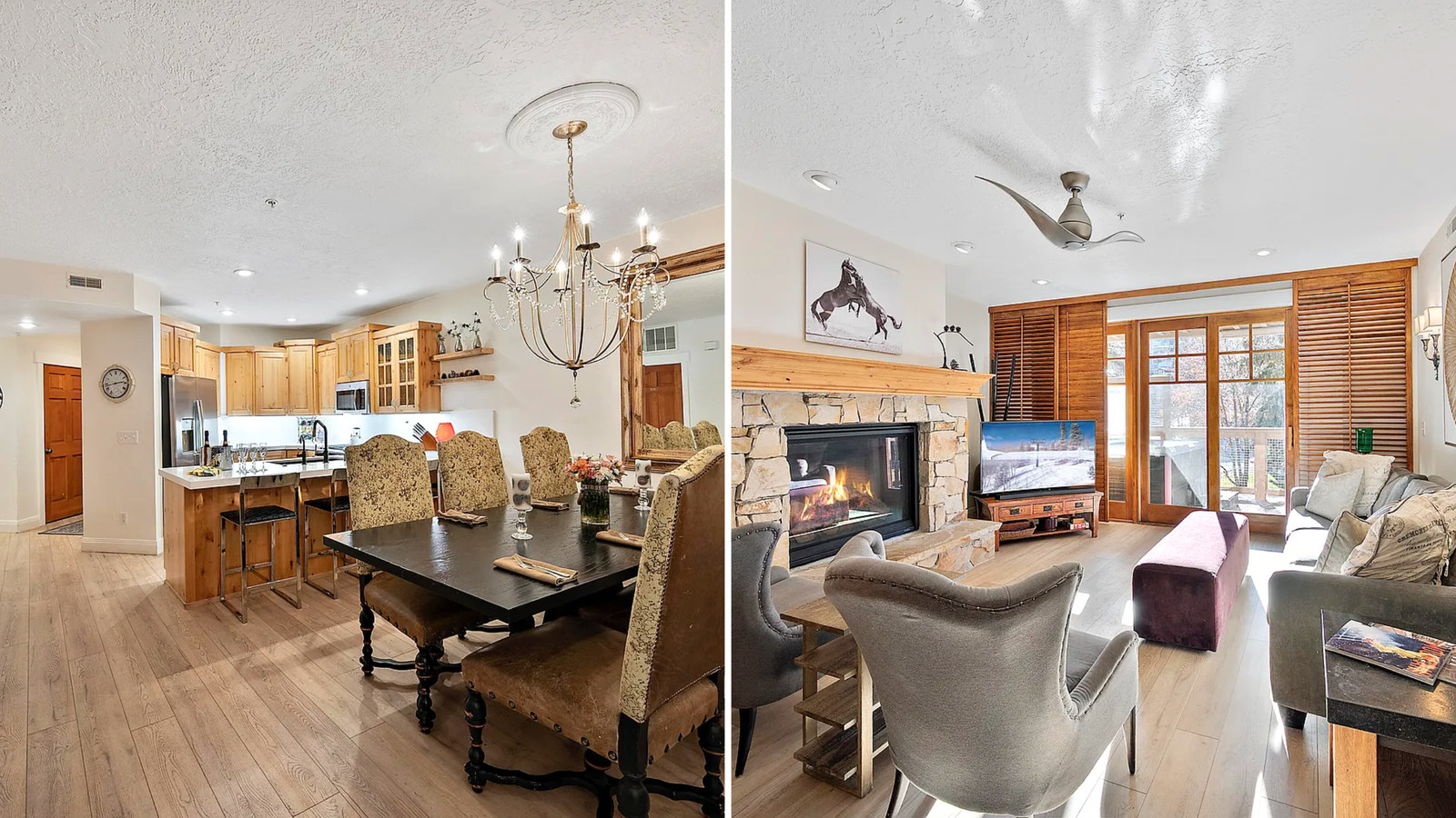 Open-concept living and dining area in a Park City condo near Main Street with modern kitchen and wood flooring