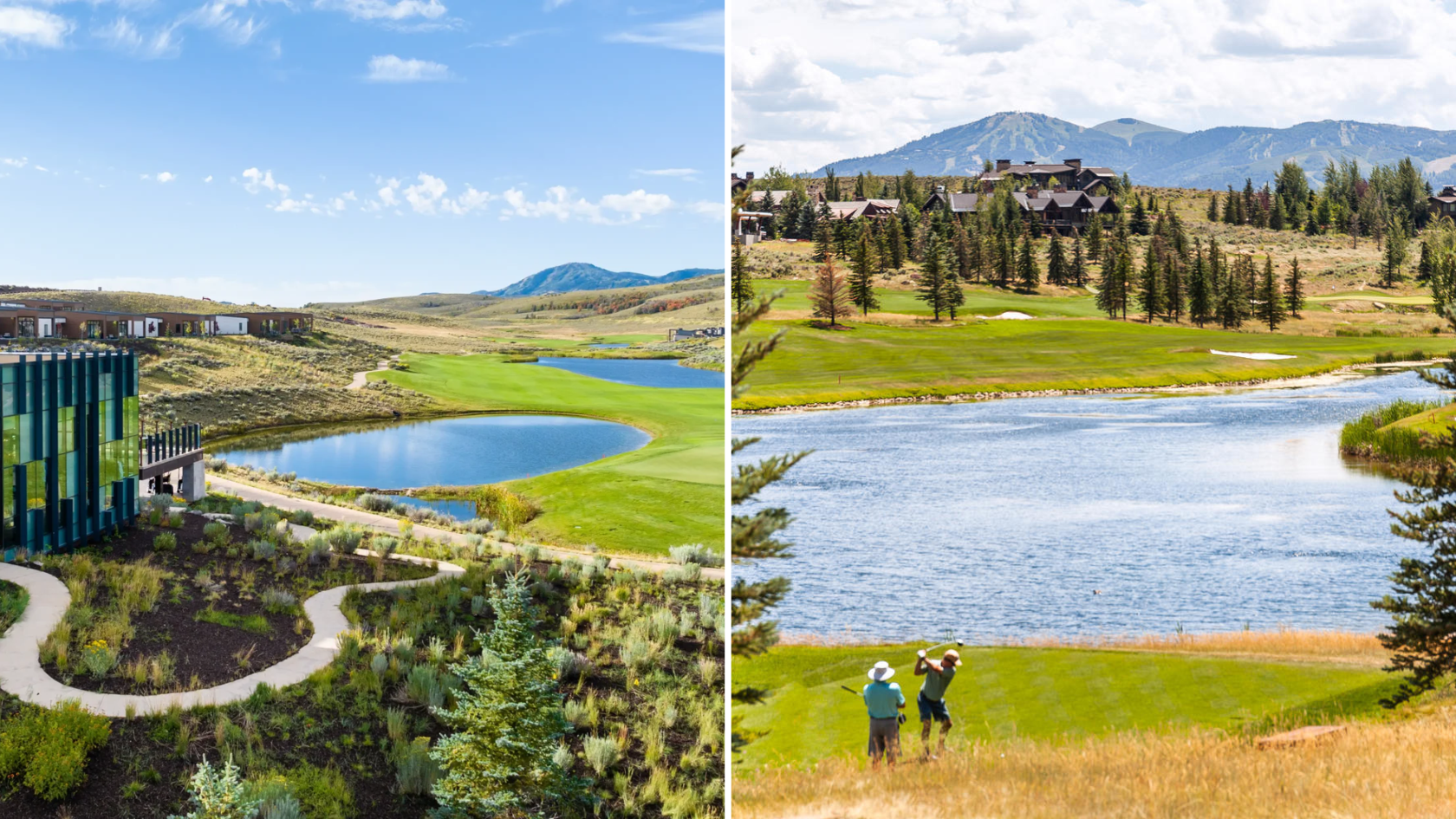 Aerial view of Promontory and Glenwild golf communities in Park City, Utah with Wasatch Range in background