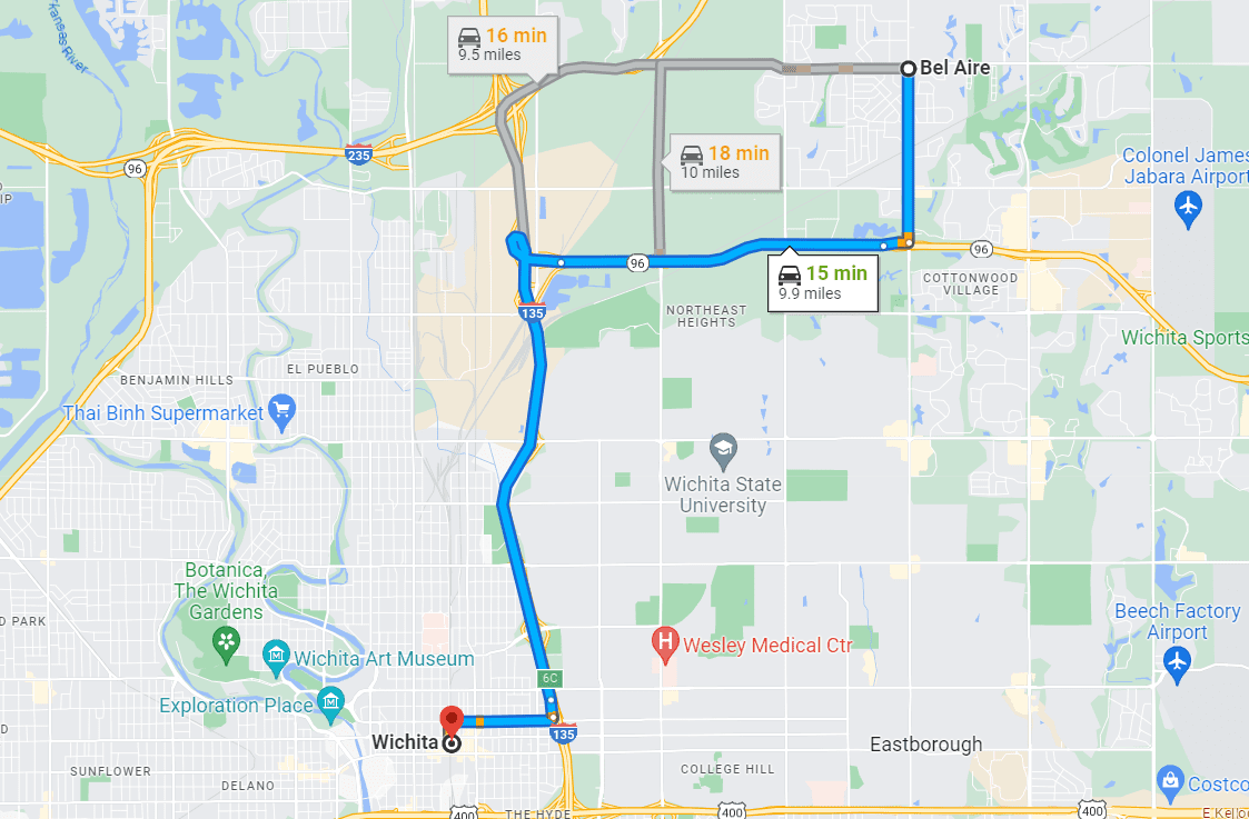 Distance of Wichita to Bel Aire, Kansas