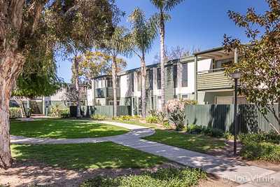 Condos shaded by trees in the Buenaventura Gardens HOA.