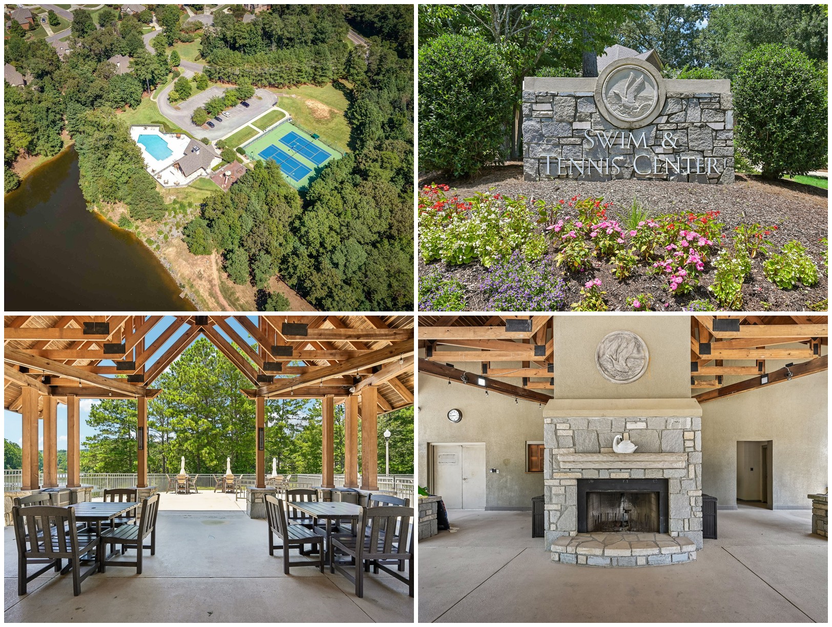 Greystone Cove amenities: pool, tennis courts, lake, swim and tennis center sign, pavilion, and lodge fireplace