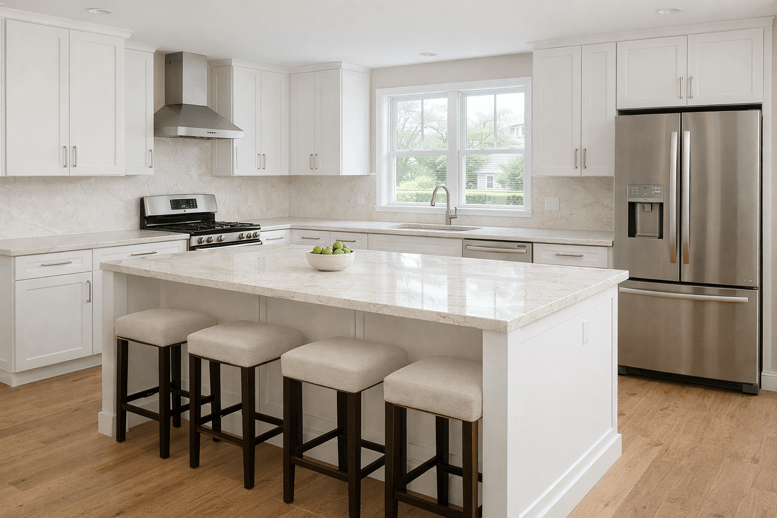 Bright, modern staged kitchen with clean countertops and minimalist decor
