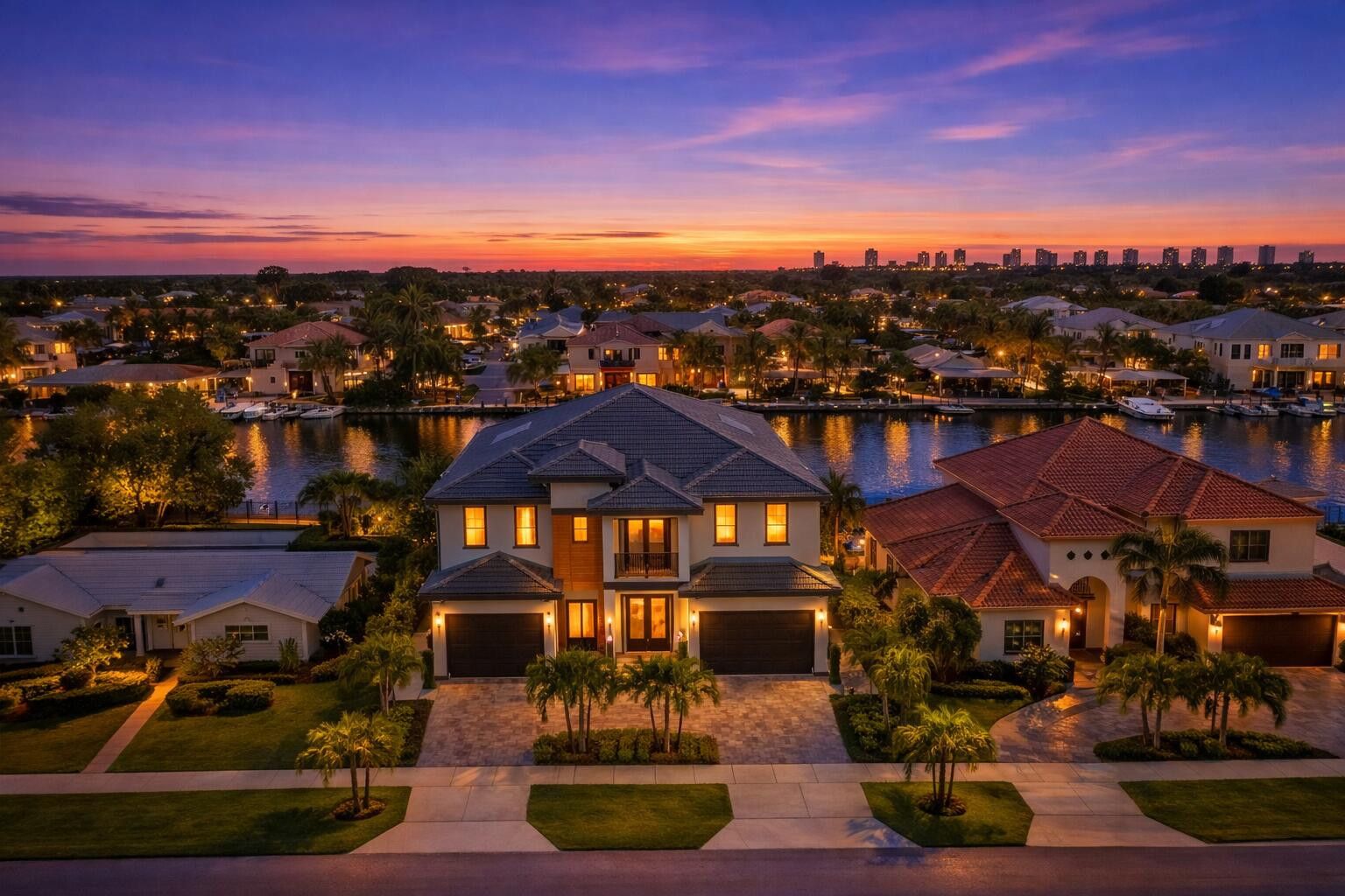 Vista aérea de vecindario waterfront en North Palm Beach con canales de agua profunda al atardecer