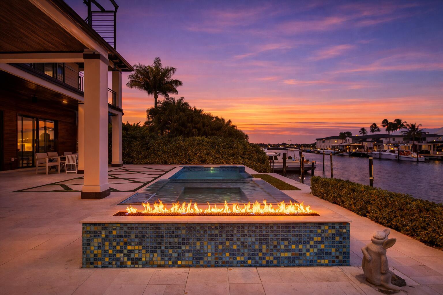 Estilo de vida waterfront en North Palm Beach con piscina, fire feature y acceso al canal al atardecer