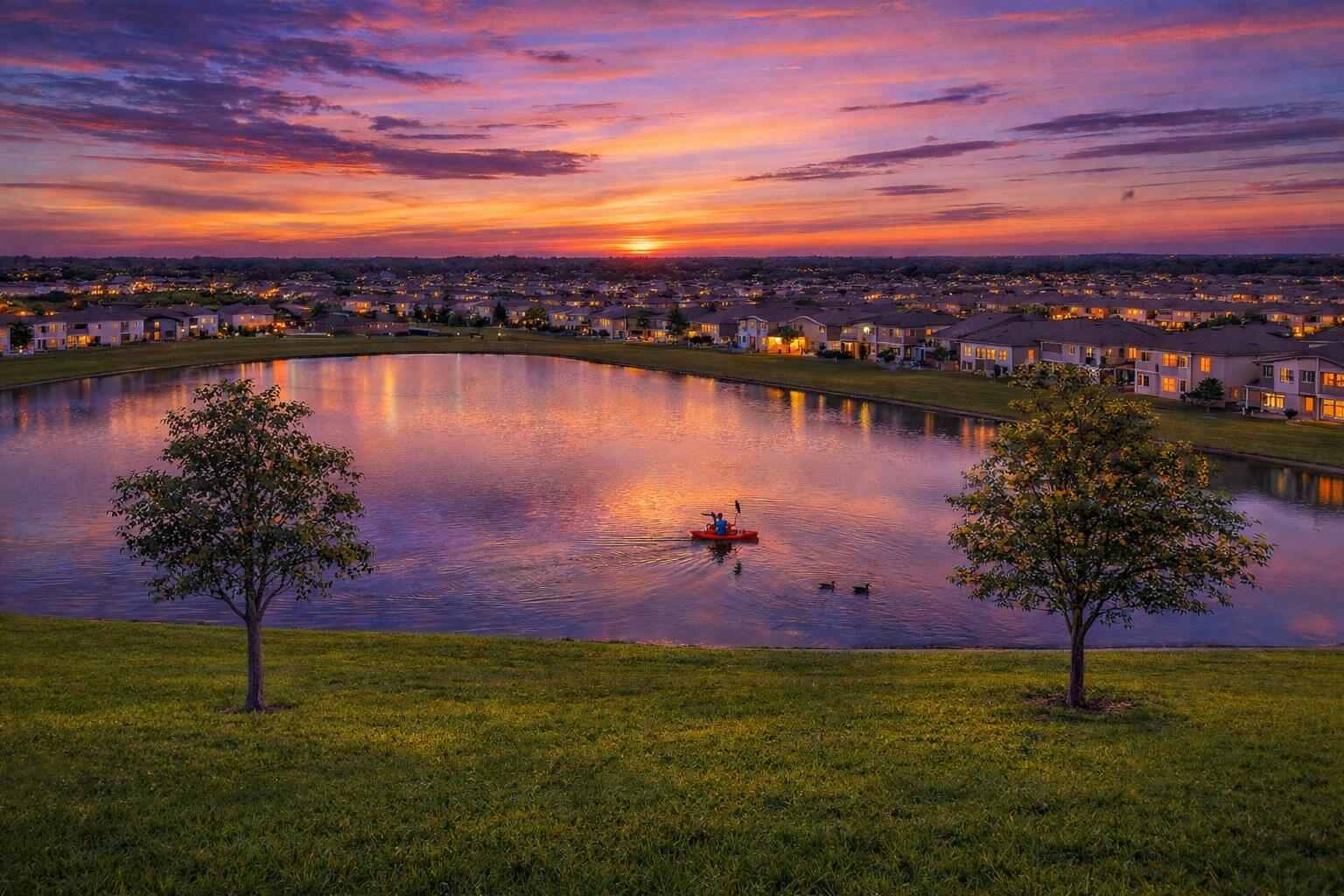 Vista del lago al atardecer en comunidad Westlake Florida con casas alrededor del lago