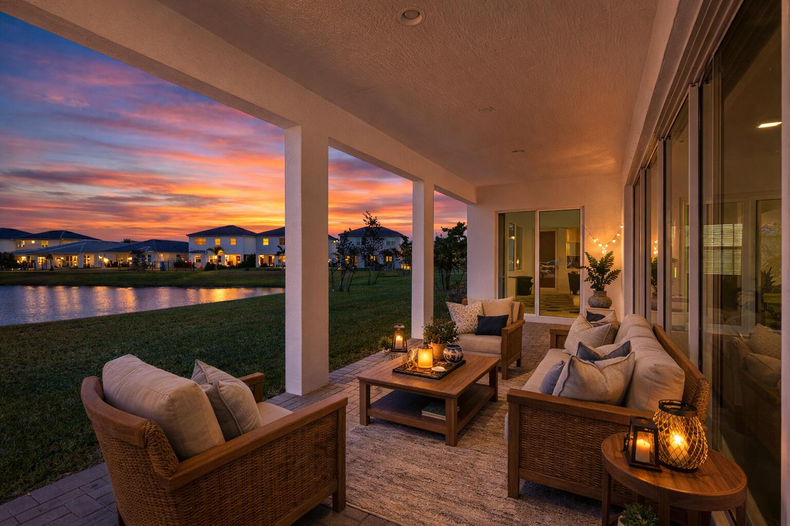 Patio cubierto con vista al lago en casa en The Orchards of Westlake Florida al atardecer