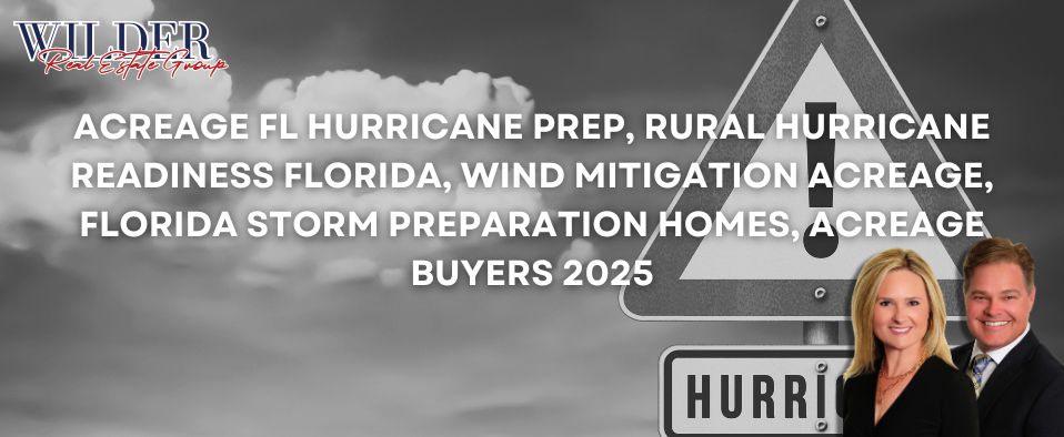 Wilder Real Estate Group hurricane-preparedness graphic with Brian and Jennifer portraits and a hurricane warning sign