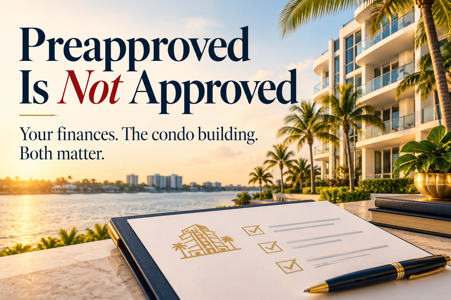 Preapproved Is Not Approved: illustrative Florida condo building beside a lender review checklist; your finances and the condo building both matter.