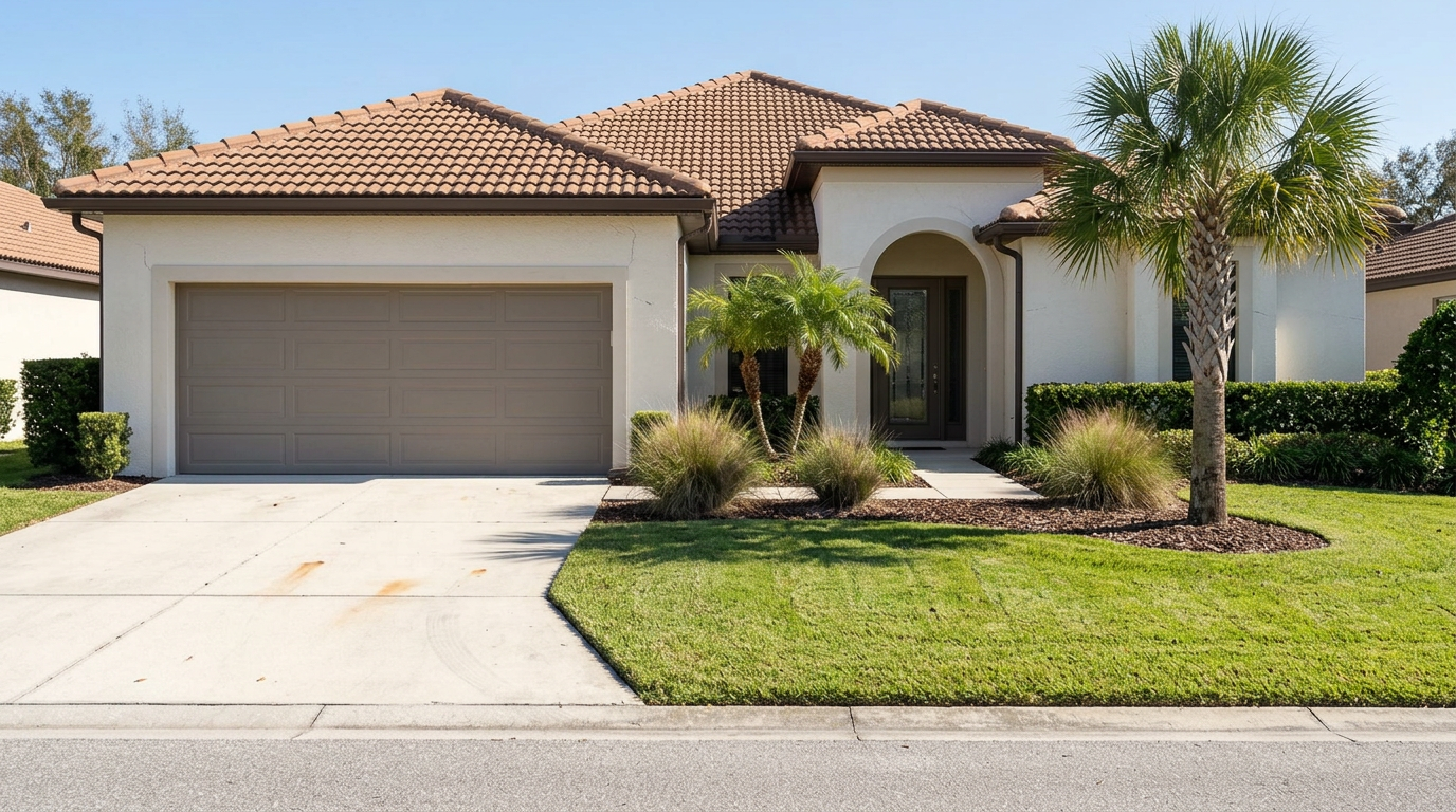Single-story stucco home with a terracotta-tile roof, driveway, entry, and manicured landscaping.
