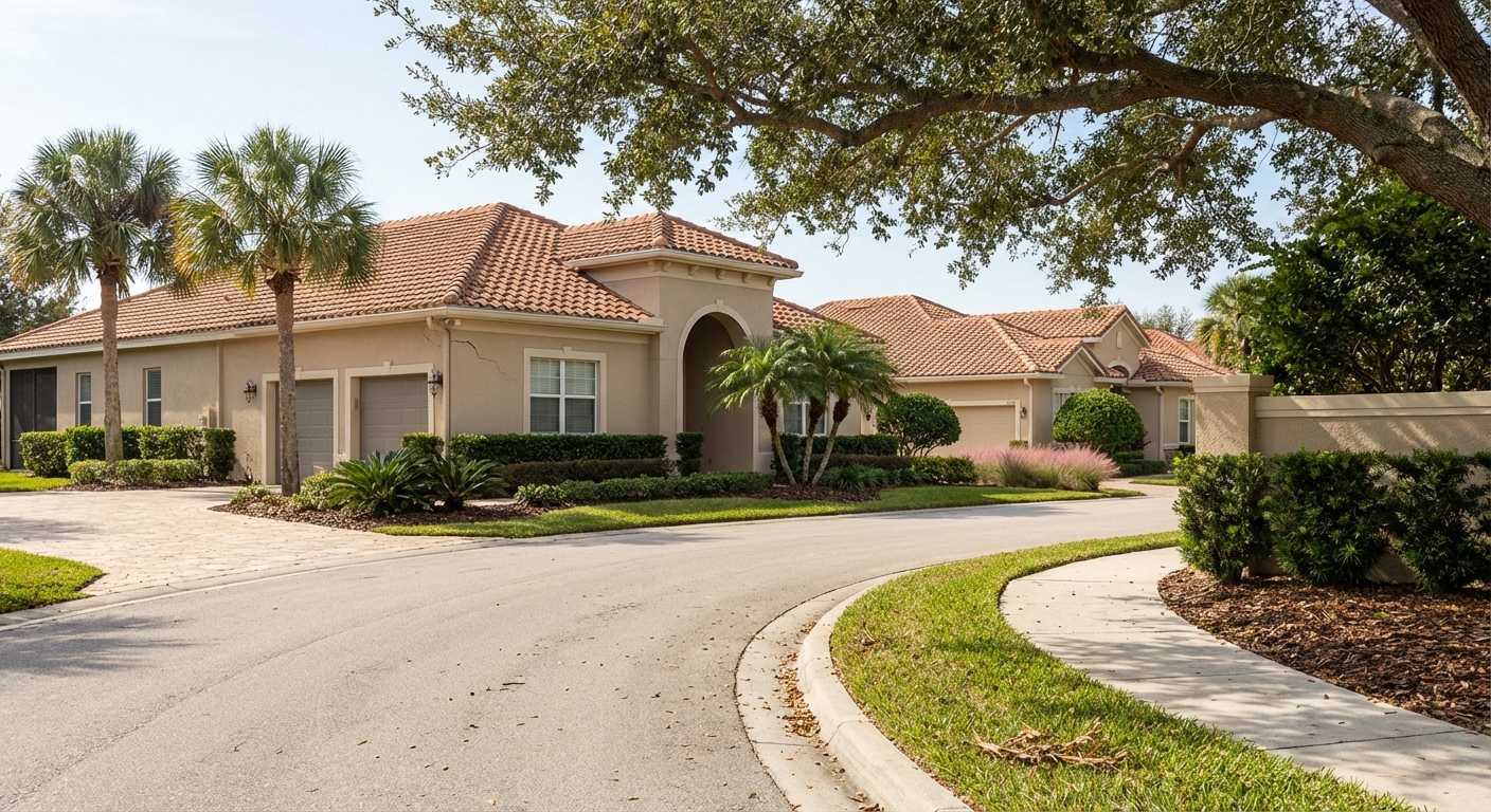 Curved street lined with three stucco homes, terracotta roofs, and landscaped yards.