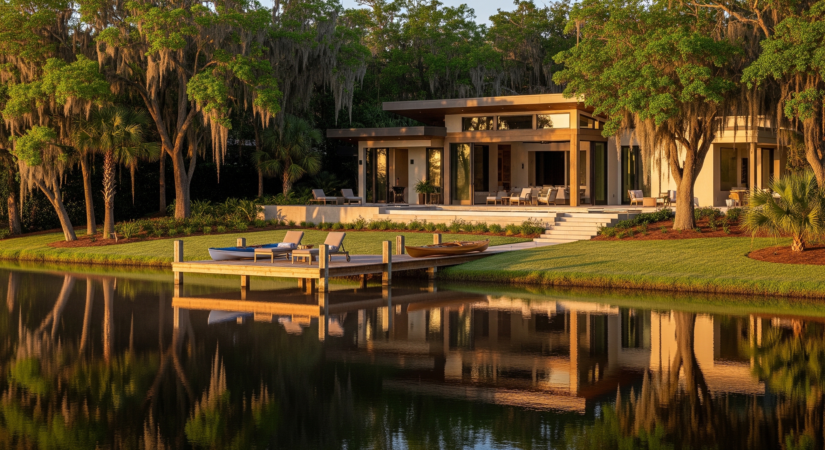 Modern glass-fronted home beside a pond, with a wooden dock and trees reflected in the water.