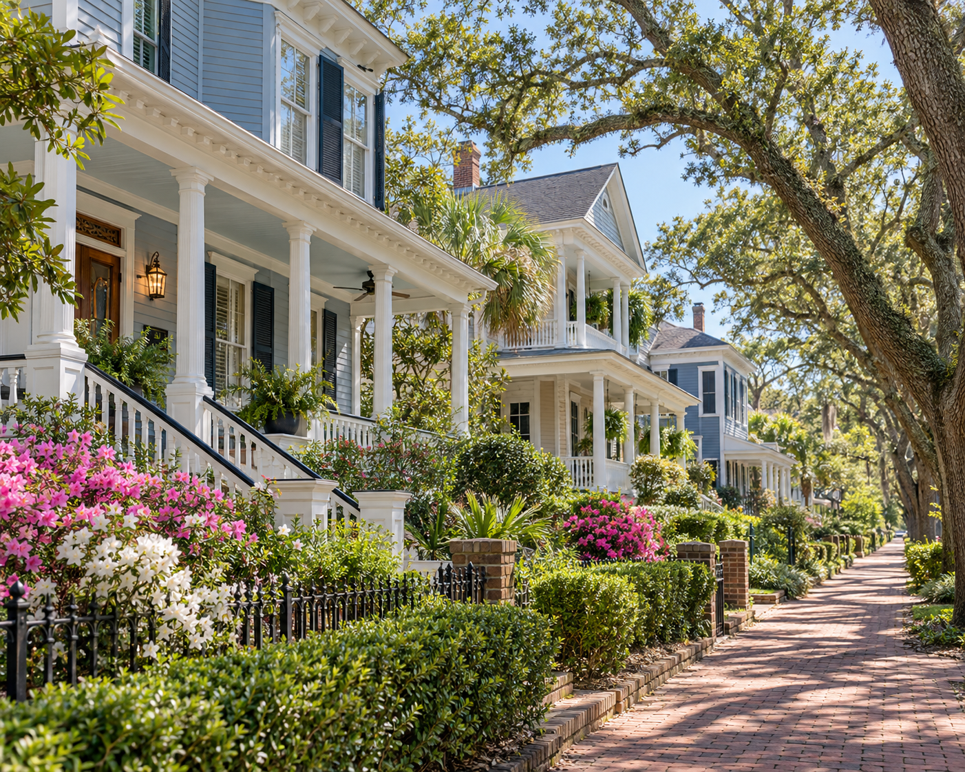 AI-generated illustration of historic coastal homes and a tree-lined brick sidewalk