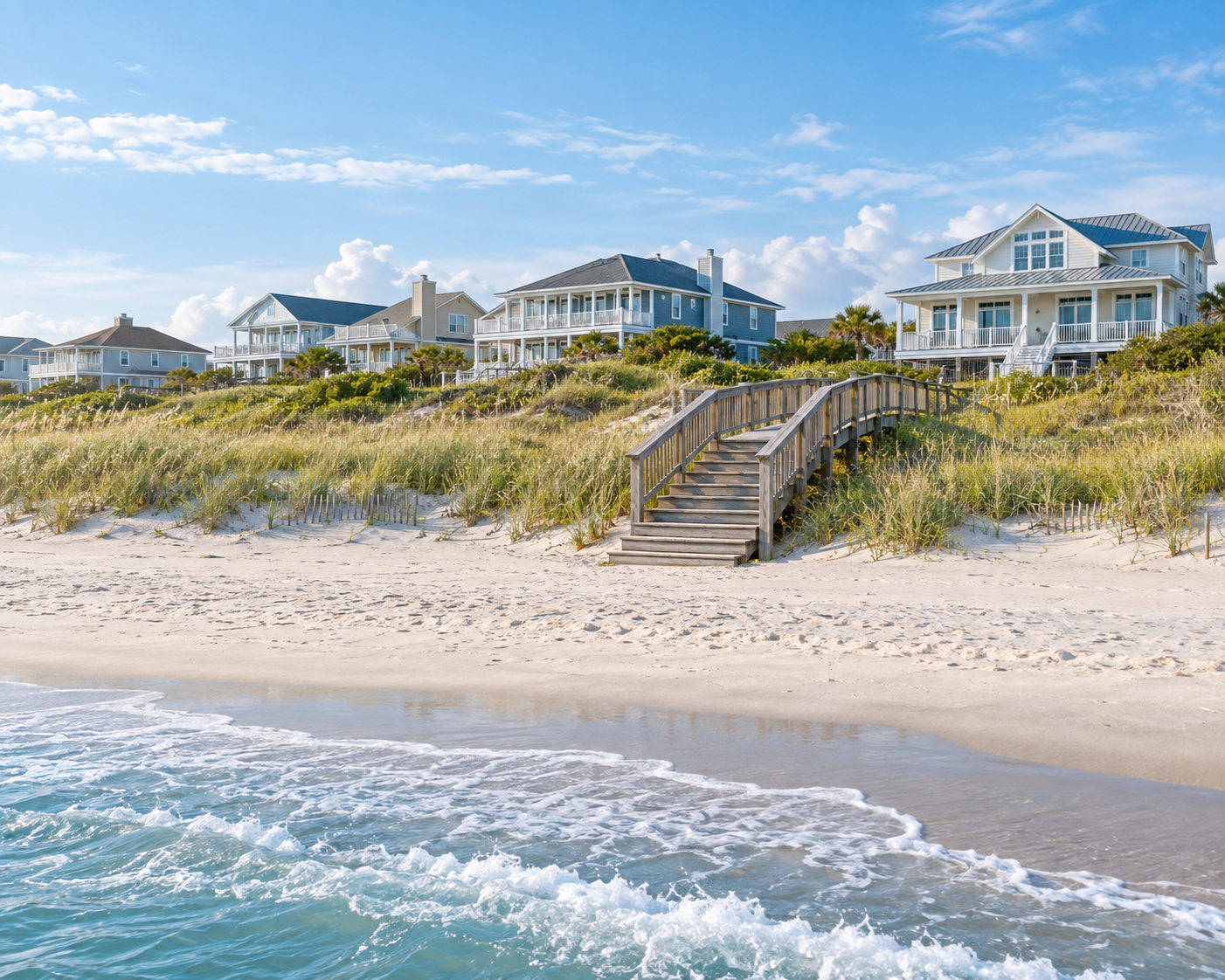 AI-generated illustration of North Carolina coastal homes, dunes and beach access