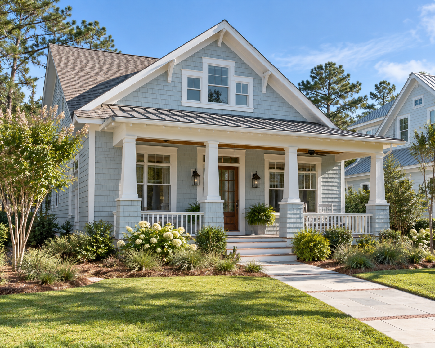 AI-generated illustration of a coastal Craftsman home with a welcoming front porch