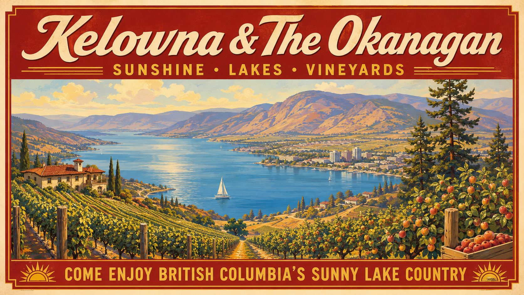 Retro travel poster style illustration of relocating to Kelowna and Okanagan Lake, BC