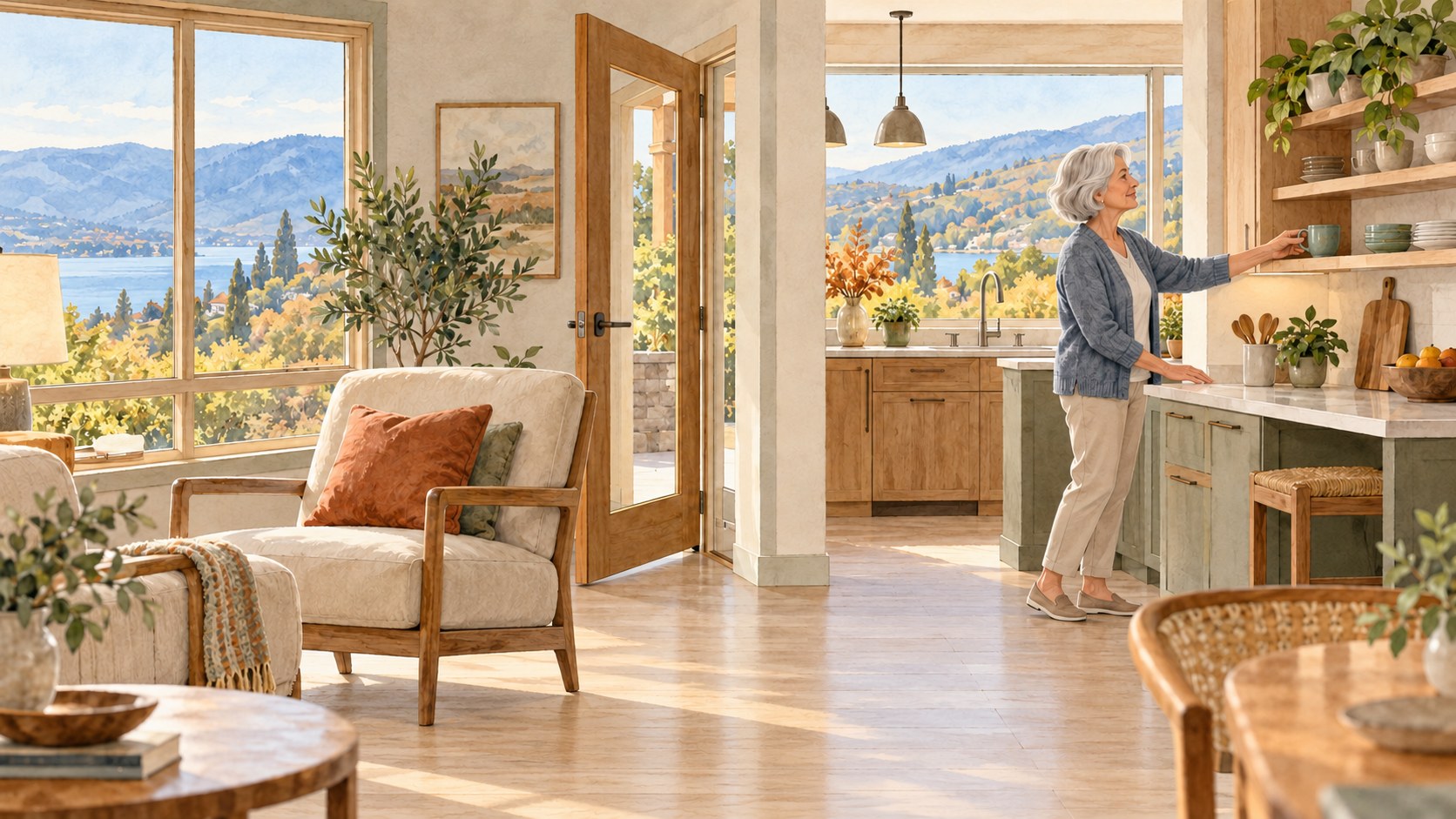 Watercolour illustration of a bright home interior with clear walking space and reachable storage