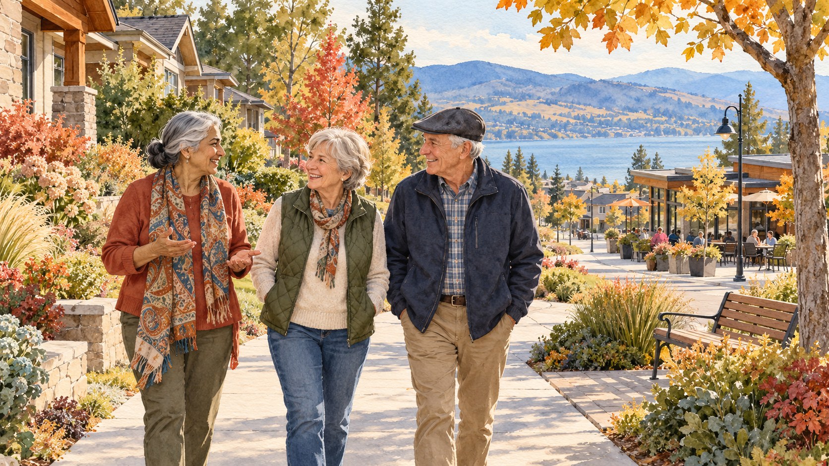 Watercolour illustration of three older neighbours connecting during a neighbourhood walk