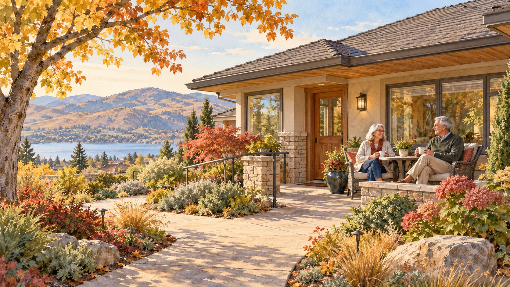 Watercolour illustration of an older couple enjoying a patio at an Okanagan-inspired home