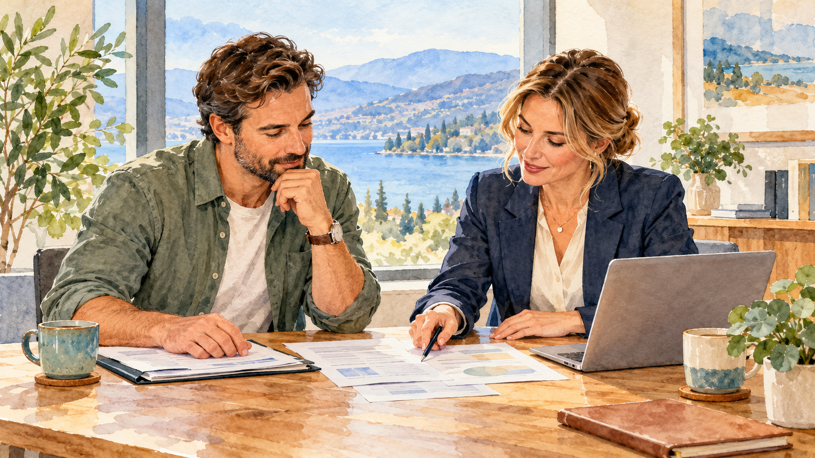 Watercolour illustration of a self-employed home buyer reviewing income documents with a mortgage professional.