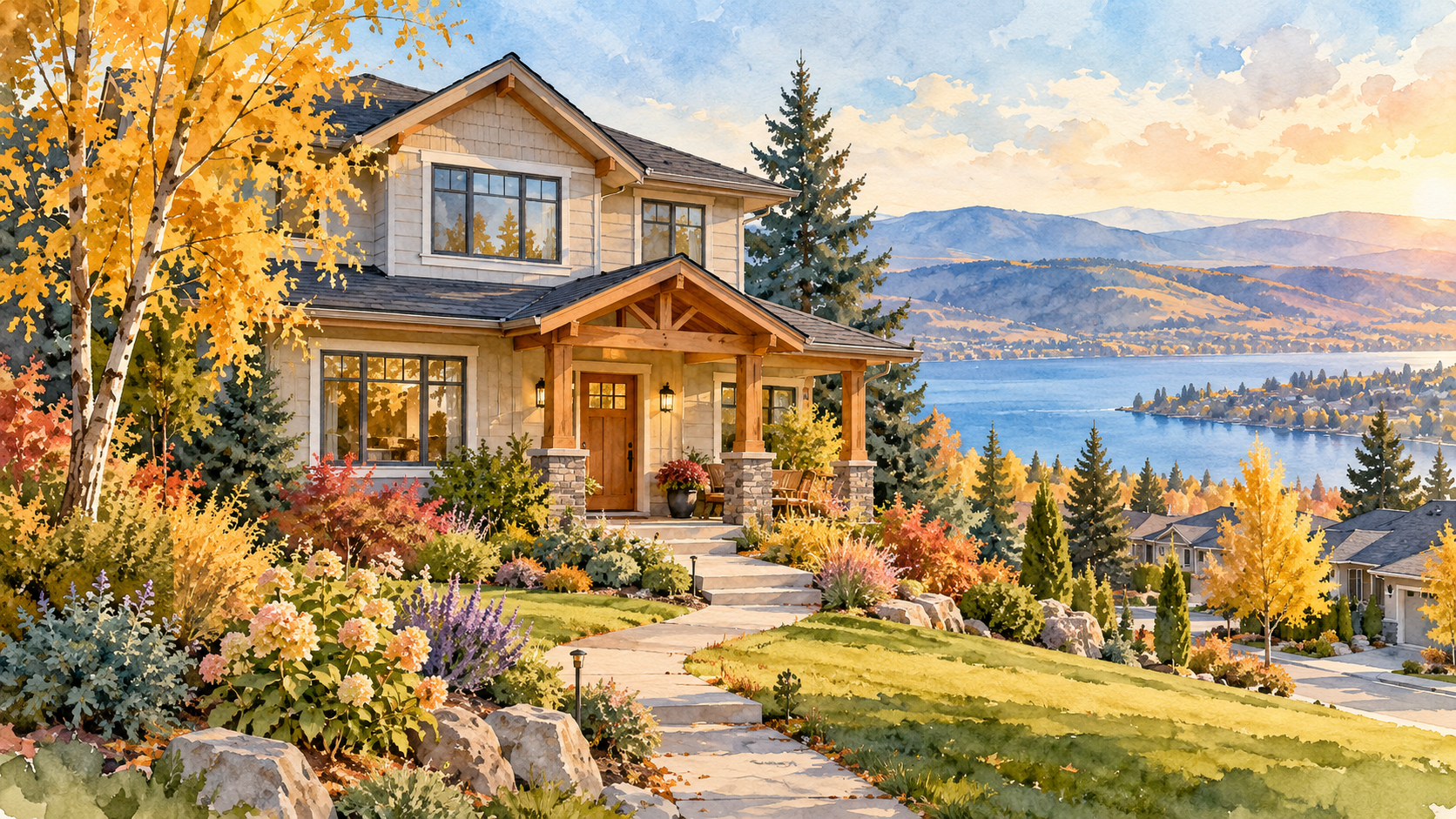 Watercolour illustration of an Okanagan-inspired home in warm autumn light, with lake and hills beyond.