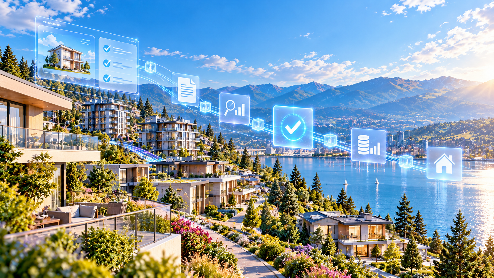 Bright conceptual illustration of AI-assisted mortgage steps above a fictional lakeside community.