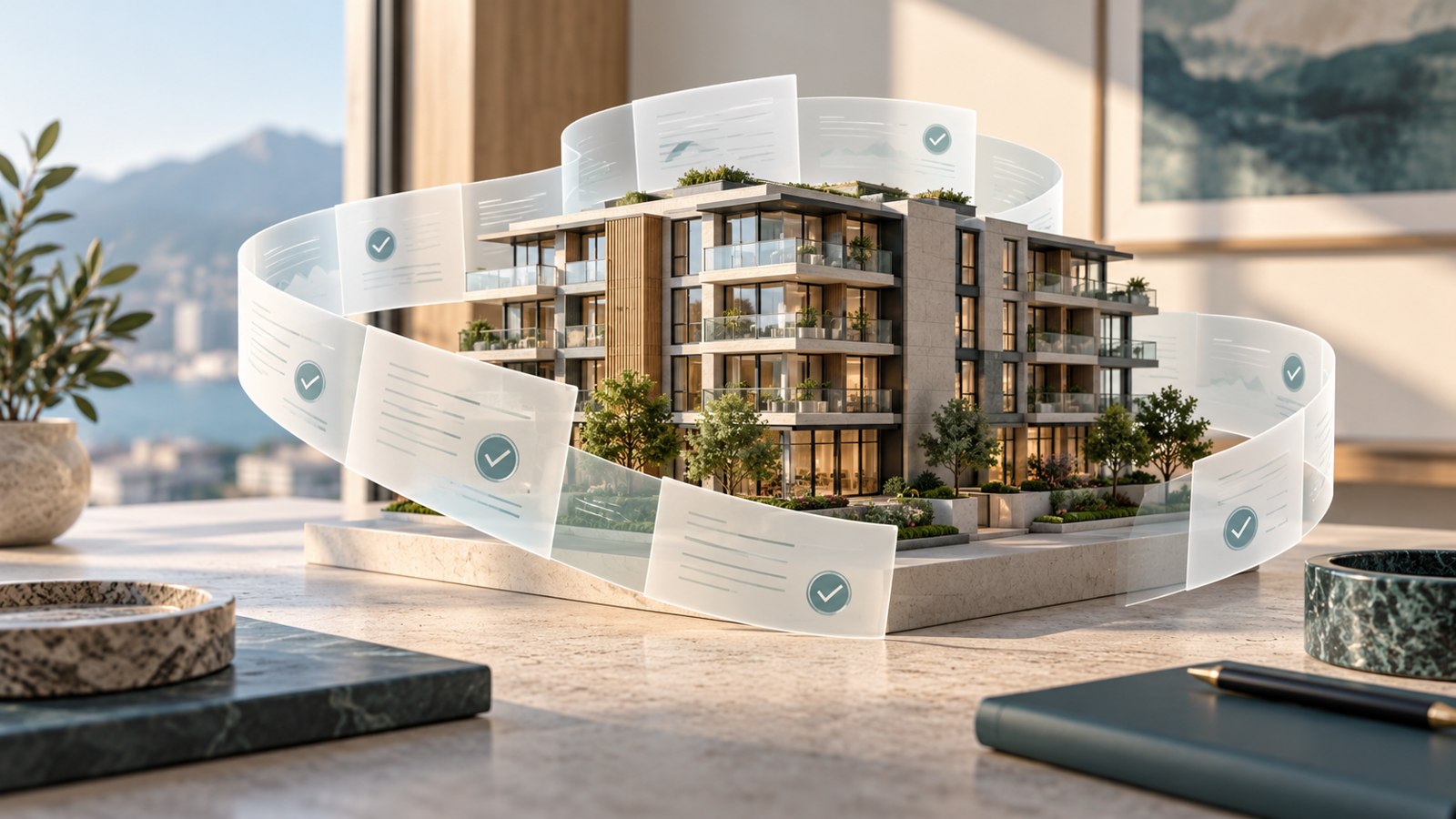 Conceptual condominium model surrounded by verified building records