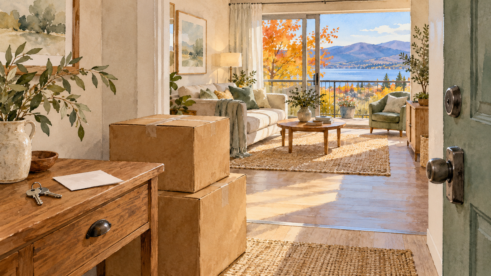 Watercolour of moving boxes and house keys in the doorway of a smaller Okanagan home, with autumn trees and a lake view.